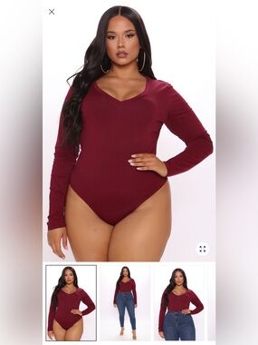 Fashion Nova Long Sleeve V-Neck Bodysuit - Burgundy